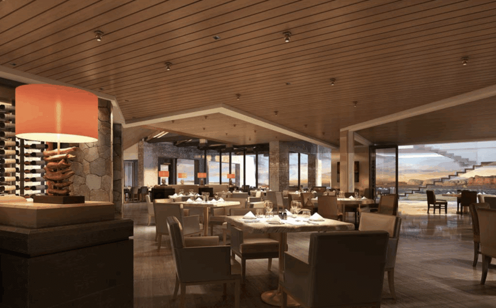 Casual upscale bar and dining with wood finishes.